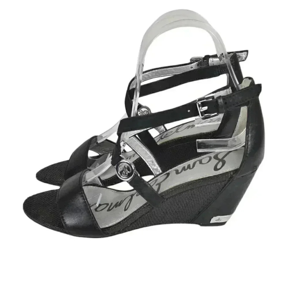 Sam Edelman Leather Wedge Sandal Heel Black Size 6 - Picture 8 of 15